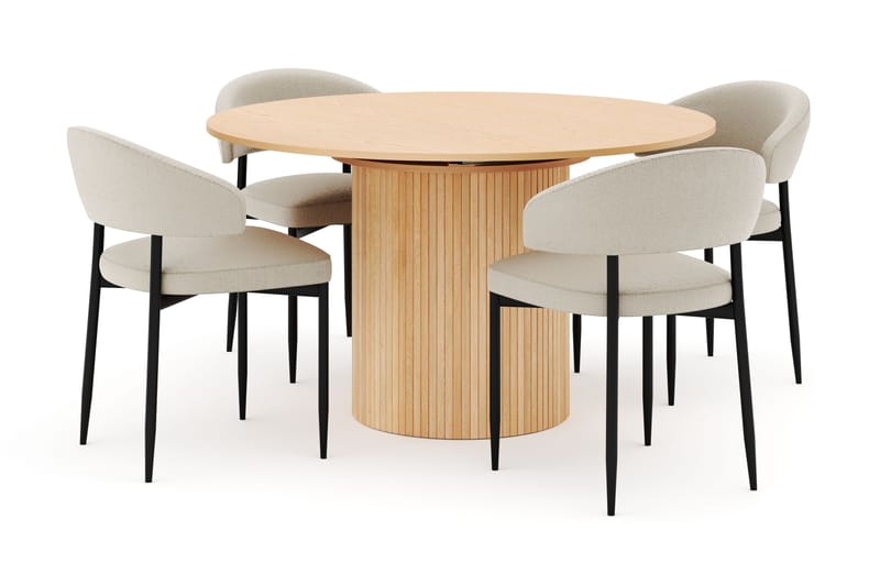 Kopparbo Runt Matbord 130 cm Förlängningsbart med 4 Sawako Stolar - Vit - Möbler - Matplats - Matgrupp & matbord med stolar