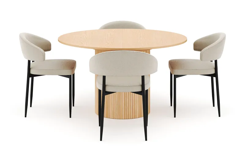 Kopparbo Runt Matbord 130 cm Förlängningsbart med 4 Sawako Stolar - Vit - Möbler - Matplats - Matgrupp & matbord med stolar