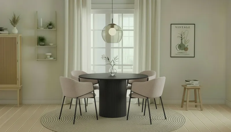 Kopparbo Runt Matbord 130 cm med 4 Filip Matstolar - Svart trä / Taupe Bouclé - Möbler - Matplats - Matgrupp & matbord med stolar
