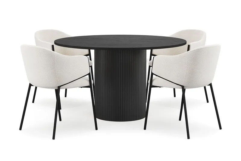 Kopparbo Runt Matbord 130 cm med 4 Filip Matstolar, Svart trä / Vit Bouclé