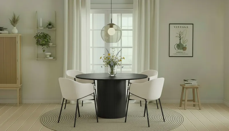 Kopparbo Runt Matbord 130 cm med 4 Filip Matstolar - Svart trä / Vit Bouclé - Möbler - Matplats - Matgrupp & matbord med stolar