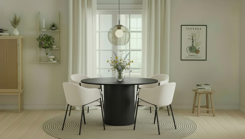 Kopparbo Runt Matbord 130 cm med 4 Filip Matstolar - Svart trä / Vit Bouclé - Möbler - Matplats - Matgrupp & matbord med stolar