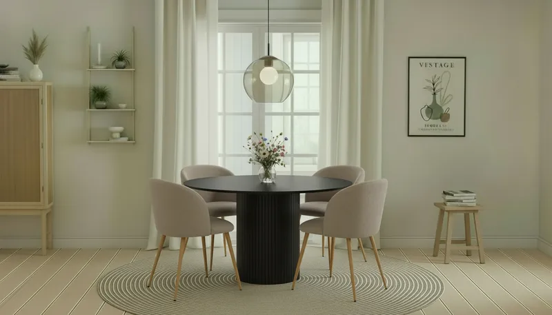 Kopparbo Runt Matbord 130 cm med 4 Greya Matstolar med armstöd - Svart trä / Greige Bouclé / Metallben Ek - Möbler - Matplats - Matgrupp & matbord med stolar