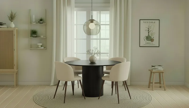 Kopparbo Runt Matbord 130 cm med 4 Greya Matstolar med armstöd - Svart trä / Vit Bouclé / Metallben Valnöt - Möbler - Matplats - Matgrupp & matbord med stolar