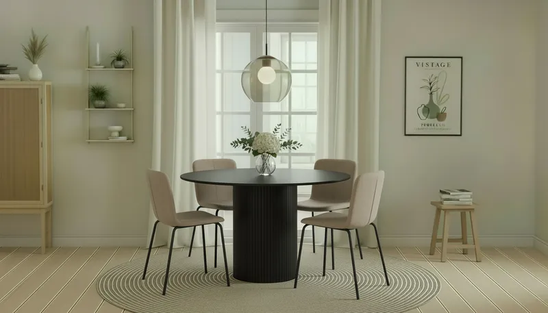 Kopparbo Runt Matbord 130 cm med 4 Katy Matstolar - Svart trä / Greige Bouclé / Metallben Svart - Möbler - Matplats - Matgrupp & matbord med stolar