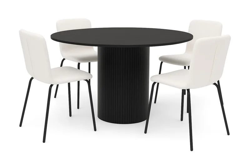 Kopparbo Runt Matbord 130 cm med 4 Katy Matstolar, Svart trä / Vit Bouclé / Metallben Svart