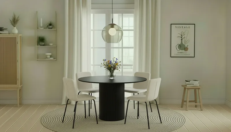 Kopparbo Runt Matbord 130 cm med 4 Katy Matstolar - Svart trä / Vit Bouclé / Metallben Svart - Möbler - Matplats - Matgrupp & matbord med stolar