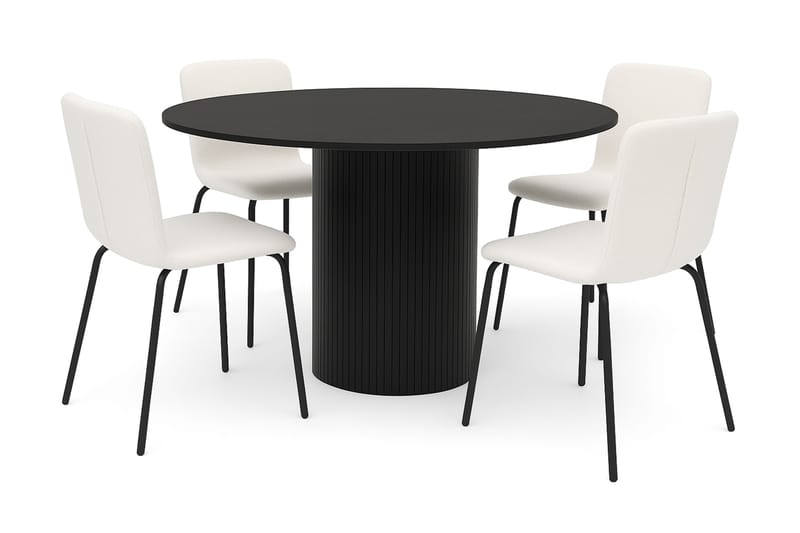 Kopparbo Runt Matbord 130 cm med 4 Katy Matstolar, Svart trä / Vit Bouclé / Metallben Svart