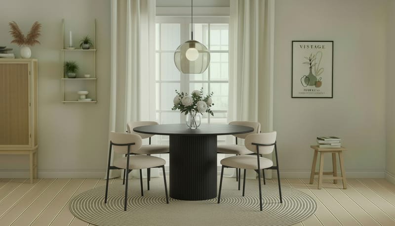 Kopparbo Runt Matbord 130 cm med 4 Lucy Matstolar - Svart trä / Greige Bouclé / Metallben Svart - Möbler - Matplats - Matgrupp & matbord med stolar