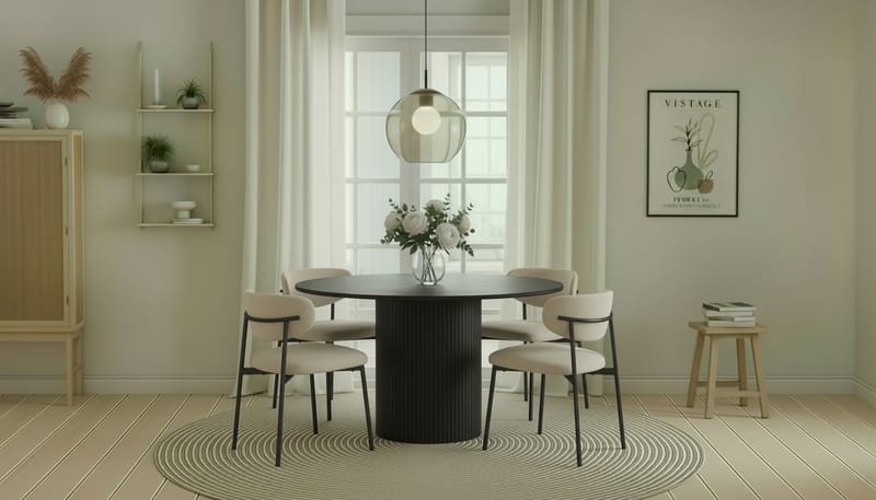 Kopparbo Runt Matbord 130 cm med 4 Lucy Matstolar - Svart trä / Greige Bouclé / Metallben Svart - Möbler - Matplats - Matgrupp & matbord med stolar