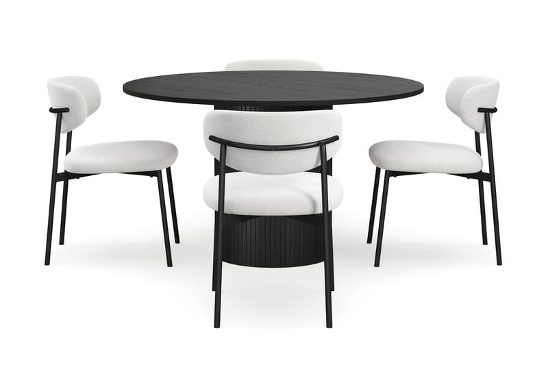 Kopparbo Runt Matbord 130 cm med 4 Lucy Matstolar - Svart trä / Vit Bouclé / Metallben Svart - Möbler - Matplats - Matgrupp & matbord med stolar