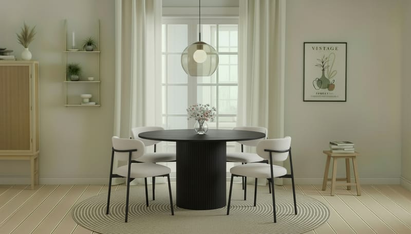 Kopparbo Runt Matbord 130 cm med 4 Lucy Matstolar - Svart trä / Vit Bouclé / Metallben Svart - Möbler - Matplats - Matgrupp & matbord med stolar