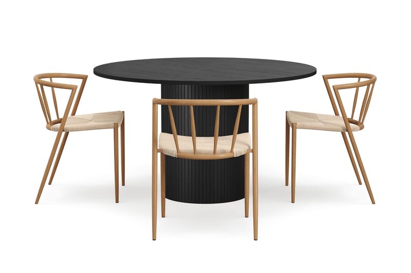 Kopparbo Runt Matbord 130 cm med 4 Winston Matstolar - Svart trä / Beige / Metallben Ek - Möbler - Matplats - Matgrupp & matbord med stolar