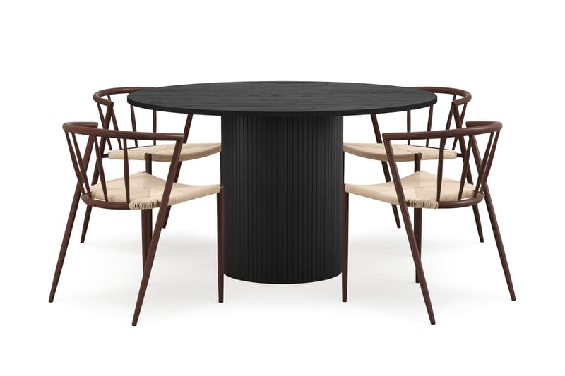 Kopparbo Runt Matbord 130 cm med 4 Winston Matstolar - Svart trä / Beige / Metallben Rökt ek - Möbler - Matplats - Matgrupp & matbord med stolar