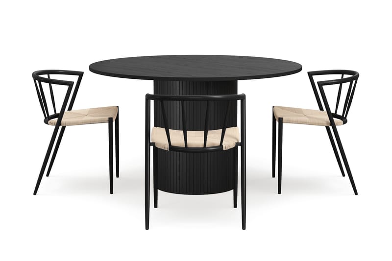 Kopparbo Runt Matbord 130 cm med 4 Winston Matstolar, Svart trä / Beige / Metallben Svart