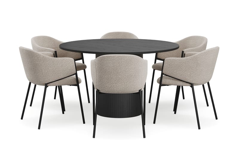 Kopparbo Runt Matbord 130 cm med 6 Filip Matstolar - Svart trä / Taupe Bouclé - Möbler - Matplats - Matgrupp & matbord med stolar