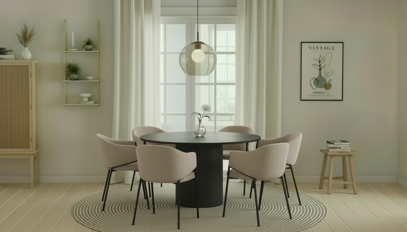 Kopparbo Runt Matbord 130 cm med 6 Filip Matstolar - Svart trä / Taupe Bouclé - Möbler - Matplats - Matgrupp & matbord med stolar