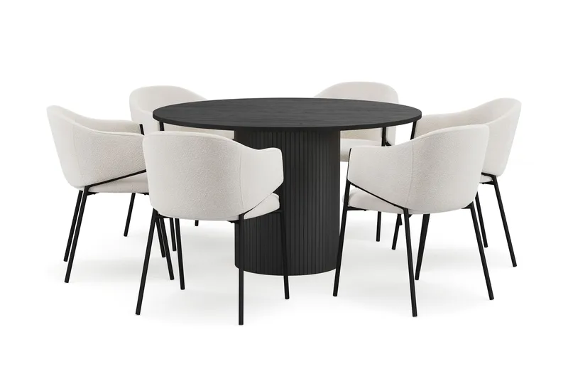 Kopparbo Runt Matbord 130 cm med 6 Filip Matstolar, Svart trä / Vit Bouclé