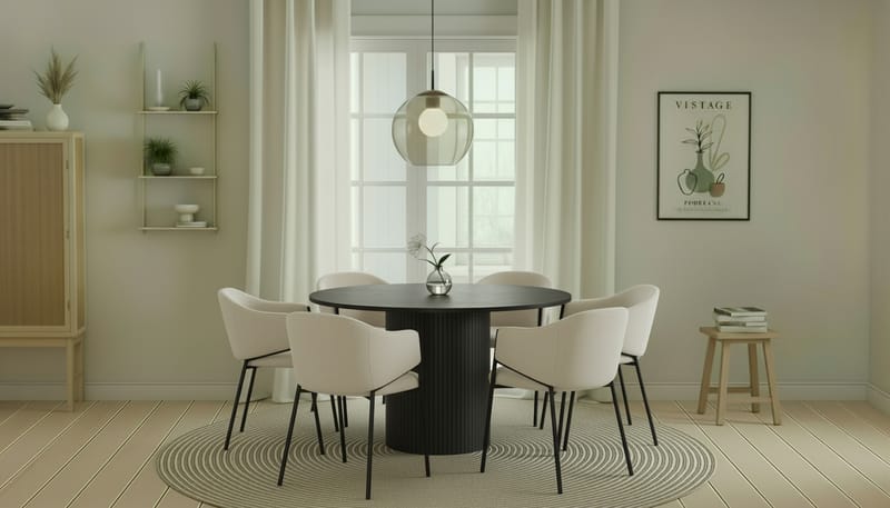 Kopparbo Runt Matbord 130 cm med 6 Filip Matstolar - Svart trä / Vit Bouclé - Möbler - Matplats - Matgrupp & matbord med stolar