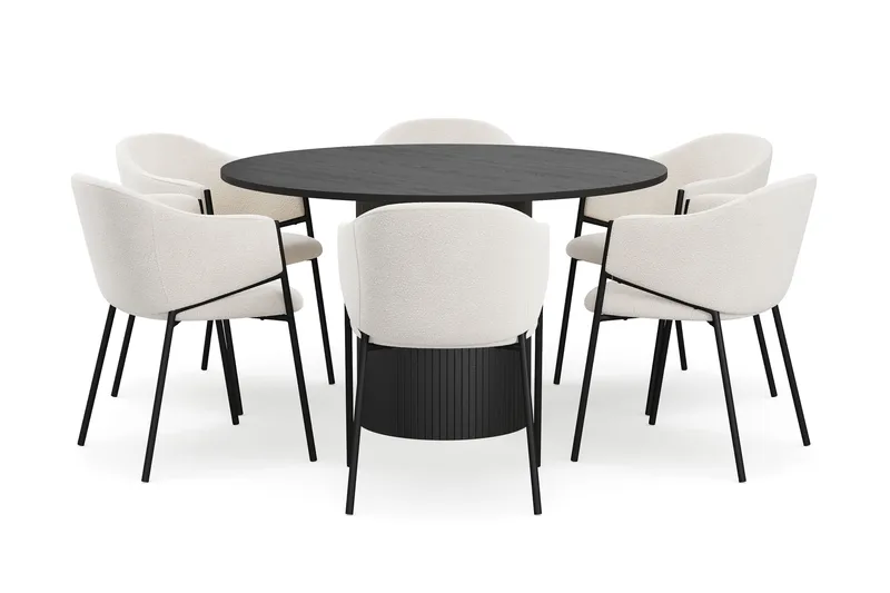 Kopparbo Runt Matbord 130 cm med 6 Filip Matstolar - Svart trä / Vit Bouclé - Möbler - Matplats - Matgrupp & matbord med stolar