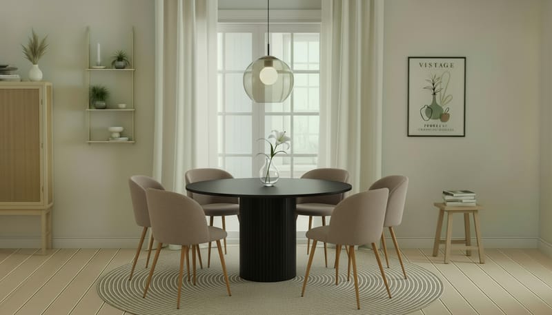 Kopparbo Runt Matbord 130 cm med 6 Greya Matstolar med armstöd - Svart trä / Greige Bouclé / Metallben Ek - Möbler - Matplats - Matgrupp & matbord med stolar