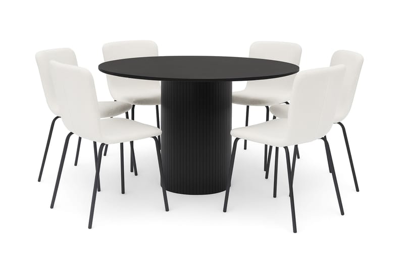 Kopparbo Runt Matbord 130 cm med 6 Katy Matstolar, Svart trä / Vit Bouclé / Metallben Svart