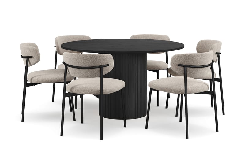 Kopparbo Runt Matbord 130 cm med 6 Lucy Matstolar, Svart trä / Greige Bouclé / Metallben Svart