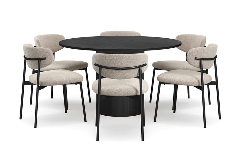 Kopparbo Runt Matbord 130 cm med 6 Lucy Matstolar - Svart trä / Greige Bouclé / Metallben Svart - Möbler - Matplats - Matgrupp & matbord med stolar