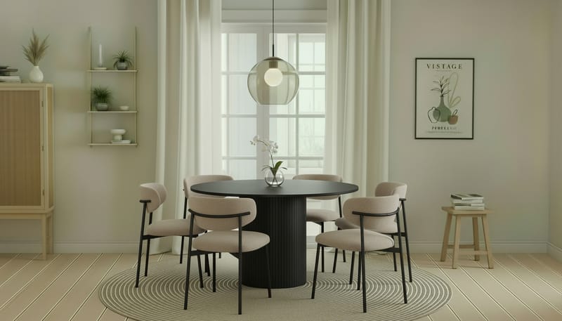 Kopparbo Runt Matbord 130 cm med 6 Lucy Matstolar - Svart trä / Greige Bouclé / Metallben Svart - Möbler - Matplats - Matgrupp & matbord med stolar