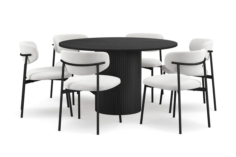 Kopparbo Runt Matbord 130 cm med 6 Lucy Matstolar, Svart trä / Vit Bouclé / Metallben Svart