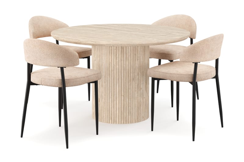 Kopparbo Runt Matbord 130cm Travetin utseende med 4 st Jairam Matstolar - Beige - Möbler - Matplats - Matgrupp & matbord med stolar