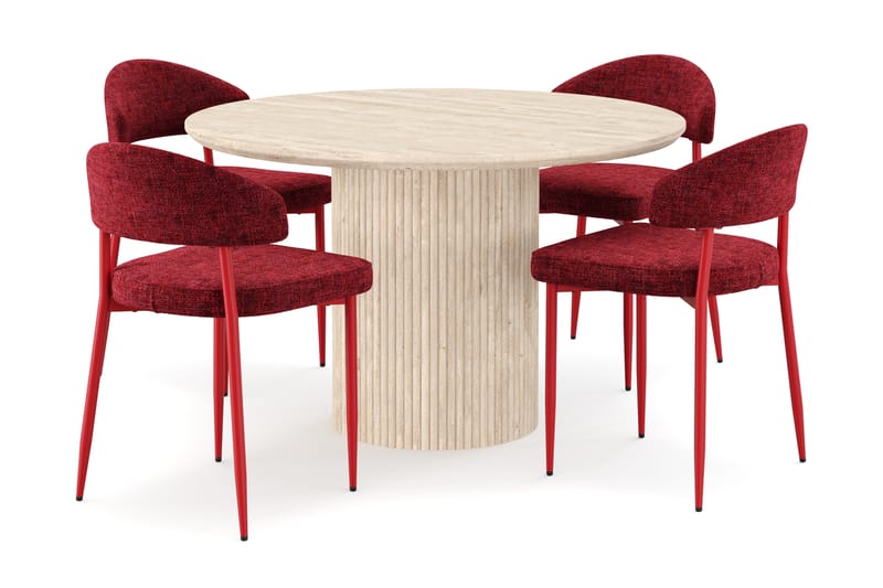 Kopparbo Runt Matbord 130cm Travetin utseende med 4 st Jairam Matstolar - Beige - Möbler - Matplats - Matgrupp & matbord med stolar