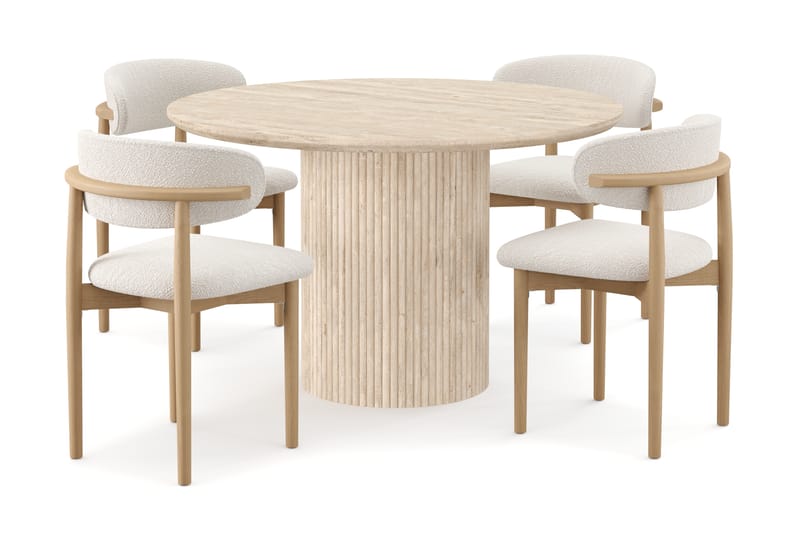 Kopparbo Runt Matbord 130cm Travetin utseende med 4 st Jaiveer Matstolar - Beige - Möbler - Matplats - Matgrupp & matbord med stolar