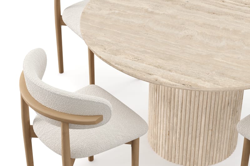 Kopparbo Runt Matbord 130cm Travetin utseende med 4 st Jaiveer Matstolar - Beige - Möbler - Matplats - Matgrupp & matbord med stolar