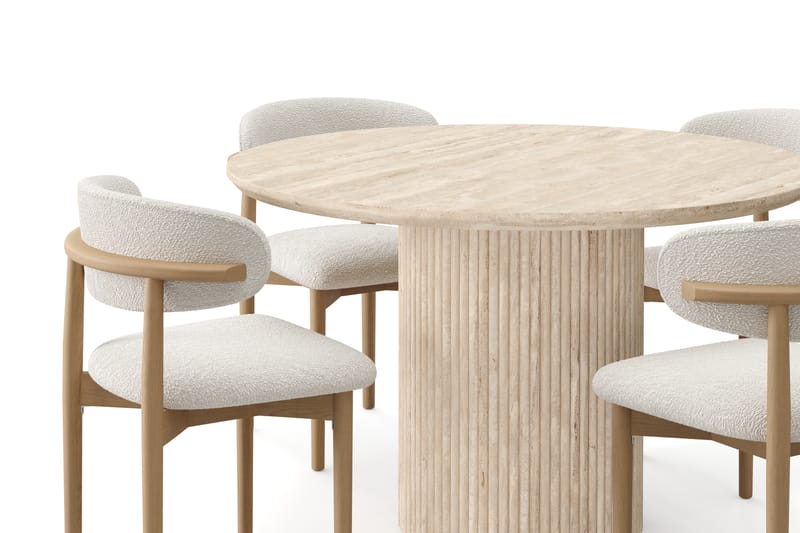 Kopparbo Runt Matbord 130cm Travetin utseende med 4 st Jaiveer Matstolar - Beige - Möbler - Matplats - Matgrupp & matbord med stolar