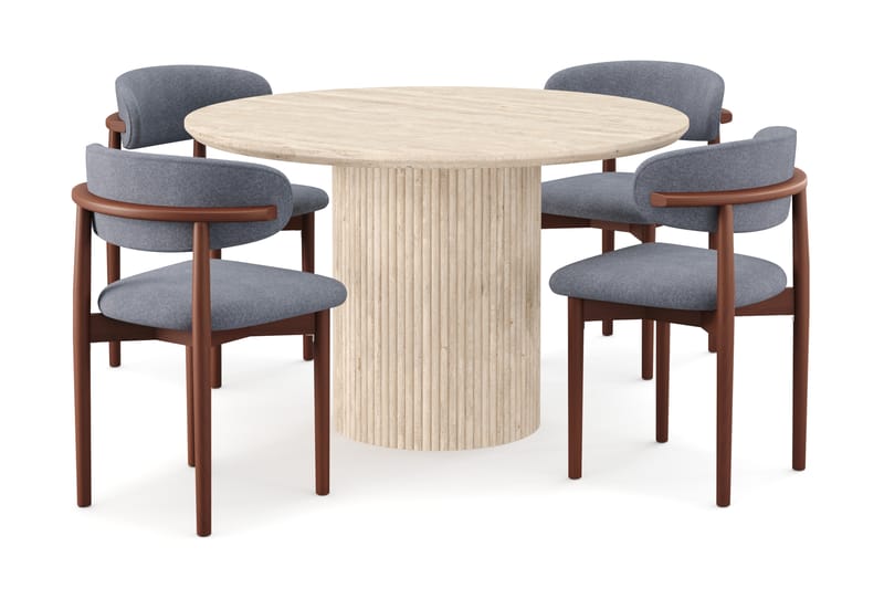 Kopparbo Runt Matbord 130cm Travetin utseende med 4 st Jaiveer Matstolar - Beige - Möbler - Matplats - Matgrupp & matbord med stolar