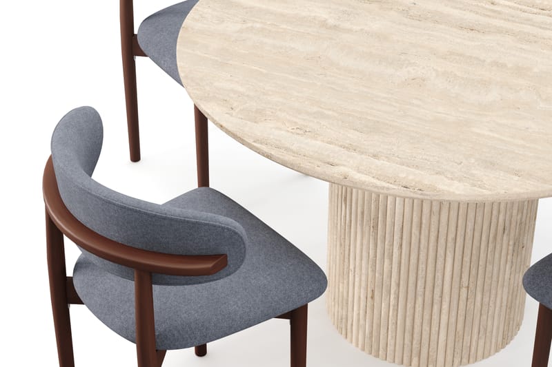 Kopparbo Runt Matbord 130cm Travetin utseende med 4 st Jaiveer Matstolar - Beige - Möbler - Matplats - Matgrupp & matbord med stolar
