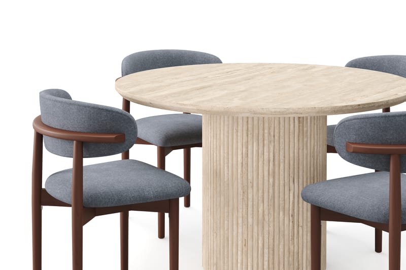 Kopparbo Runt Matbord 130cm Travetin utseende med 4 st Jaiveer Matstolar - Beige - Möbler - Matplats - Matgrupp & matbord med stolar