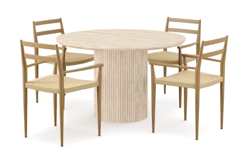 Kopparbo Runt Matbord 130cm Travetin utseende med 4 st Jamna Karmstolar - Beige - Möbler - Matplats - Matgrupp & matbord med stolar