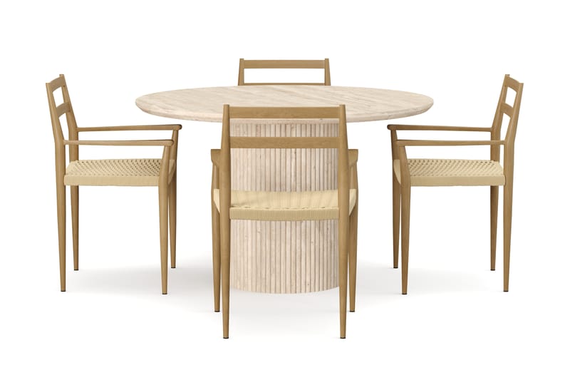 Kopparbo Runt Matbord 130cm Travetin utseende med 4 st Jamna Karmstolar - Beige - Möbler - Matplats - Matgrupp & matbord med stolar