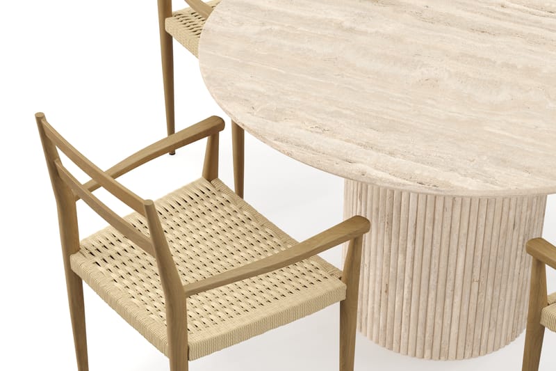 Kopparbo Runt Matbord 130cm Travetin utseende med 4 st Jamna Karmstolar - Beige - Möbler - Matplats - Matgrupp & matbord med stolar