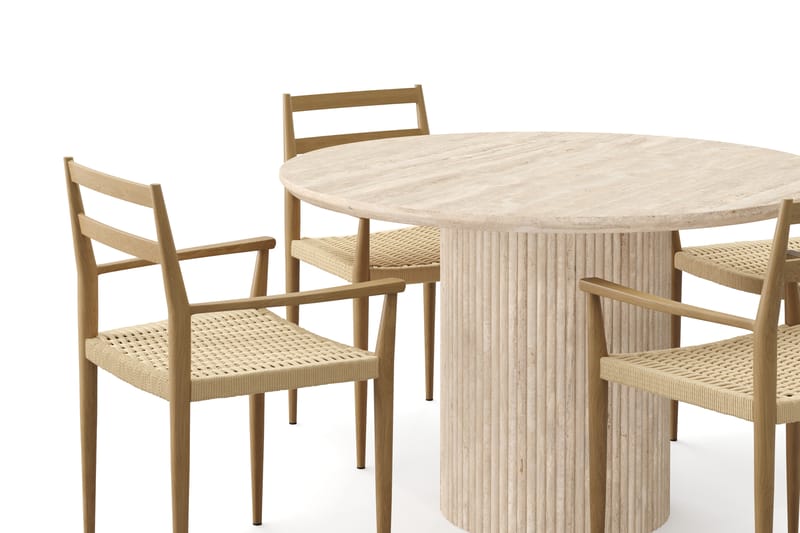 Kopparbo Runt Matbord 130cm Travetin utseende med 4 st Jamna Karmstolar - Beige - Möbler - Matplats - Matgrupp & matbord med stolar