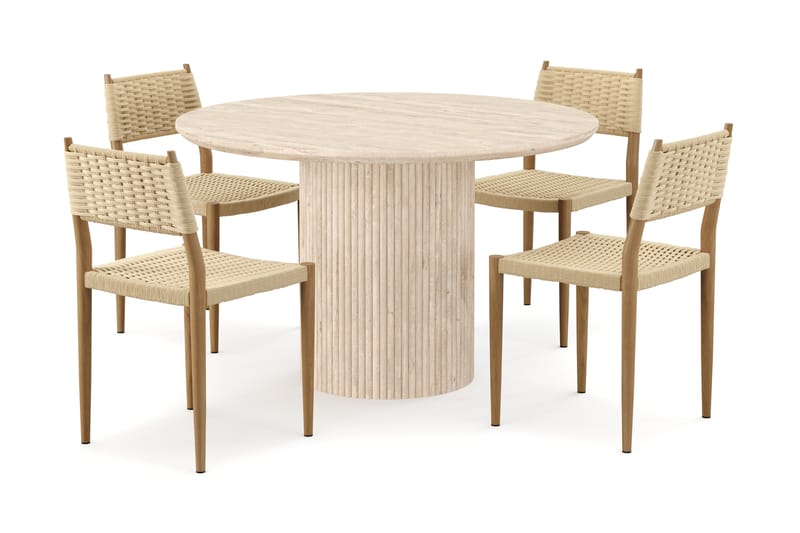 Kopparbo Runt Matbord 130cm Travetin utseende med 4 st Jamna Matstolar - Beige - Möbler - Matplats - Matgrupp & matbord med stolar
