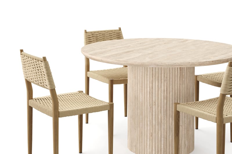 Kopparbo Runt Matbord 130cm Travetin utseende med 4 st Jamna Matstolar - Beige - Möbler - Matplats - Matgrupp & matbord med stolar