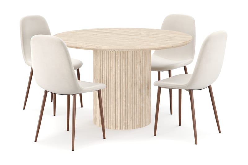 Kopparbo Runt Matbord 130cm Travetin utseende med 4 st Nibe Matstolar - Beige - Möbler - Matplats - Matgrupp & matbord med stolar