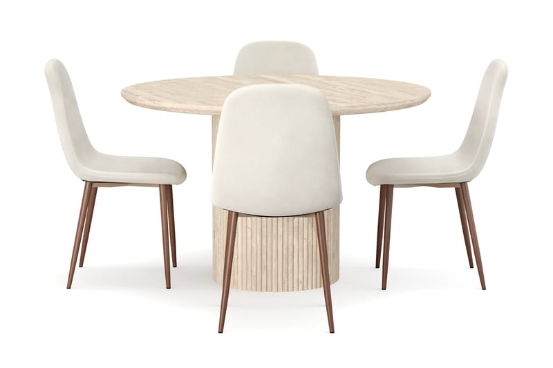 Kopparbo Runt Matbord 130cm Travetin utseende med 4 st Nibe Matstolar - Beige - Möbler - Matplats - Matgrupp & matbord med stolar
