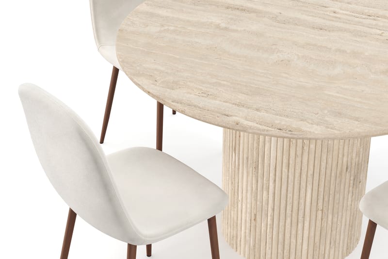Kopparbo Runt Matbord 130cm Travetin utseende med 4 st Nibe Matstolar - Beige - Möbler - Matplats - Matgrupp & matbord med stolar