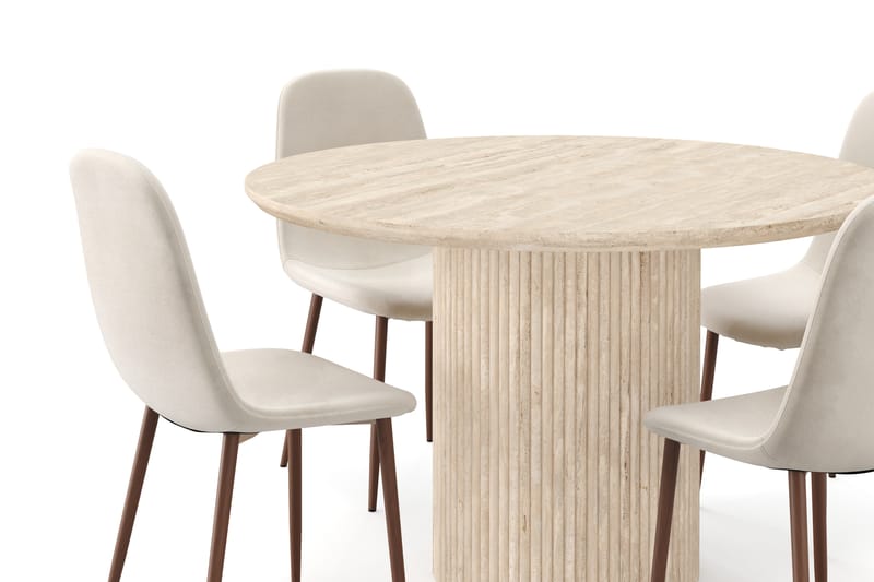 Kopparbo Runt Matbord 130cm Travetin utseende med 4 st Nibe Matstolar - Beige - Möbler - Matplats - Matgrupp & matbord med stolar