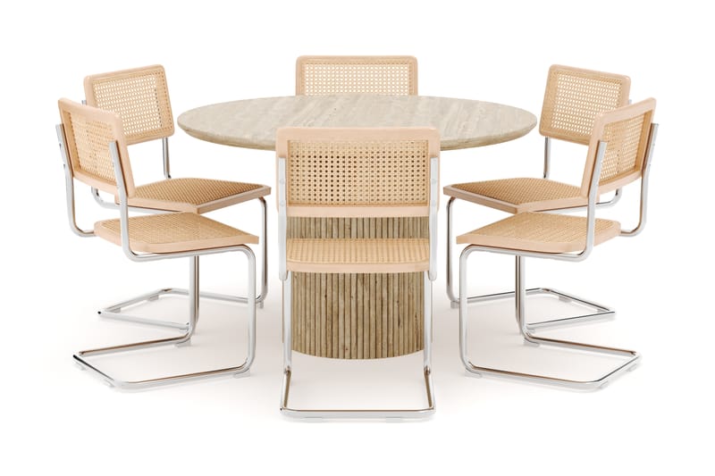 Kopparbo Runt Matbord 130cm Travetin utseende med 6 st Build Matstolar - Beige - Möbler - Matplats - Matgrupp & matbord med stolar