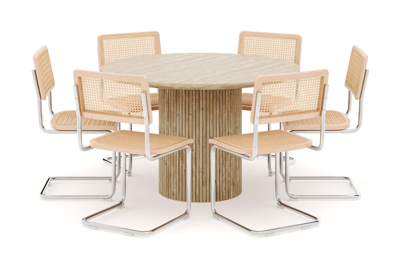 Kopparbo Runt Matbord 130cm Travetin utseende med 6 st Build Matstolar - Beige - Möbler - Matplats - Matgrupp & matbord med stolar